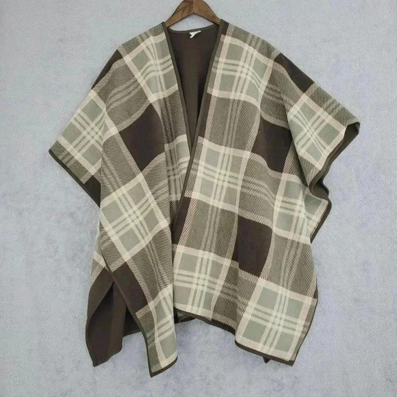 Woolrich Reversible Plaid Poncho Cape One Size Polyester Brown/Green  7CT - Picture 1 of 6